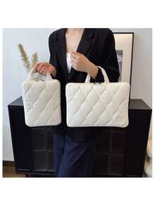 YOONI Korean INS Style Quilted Embroidered Laptop Bag, Minimalist IPad Sleeve With Handle For 9.7/10.2/11 Inch Tablets, 13/14 Inch Notebook Case, Portable Soft Inner Protective Pouch For School & Work Laptop Bag For Women Mac Book Case College Essentials Back To School Laptop Sleeve