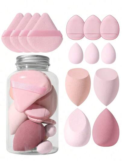 14pcs Makeup Sponge Set With Storage Case, Includes 4 Standard Makeup Sponges, 3 Mini Makeup Sponges, 4 Powder Puffs, 3 Mini Fingertip Air Cushion Puffs, Latex-Free For Wet/Dry Use, Perfect For Liquid, Cream, And Powder Makeup Application