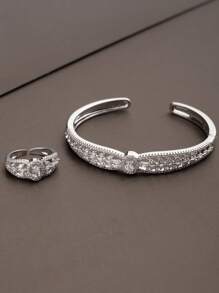 1 套奢华优雅的立方氧化锆小麦设计手链和戒指，适合女性日常和派对佩戴，不包括礼品盒