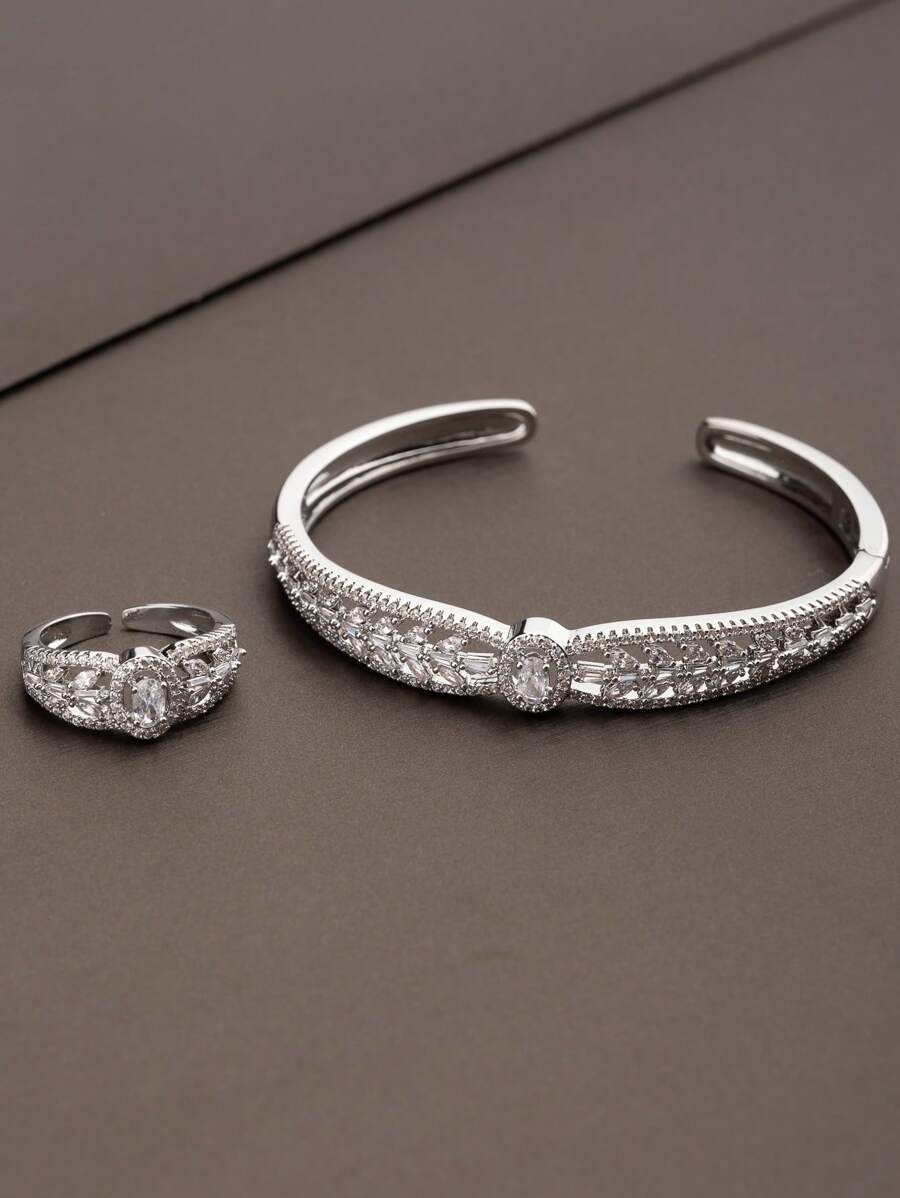 1 套奢华优雅的立方氧化锆小麦设计手链和戒指，适合女性日常和派对佩戴，不包括礼品盒