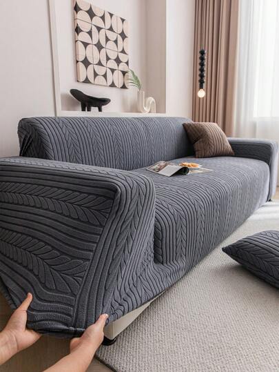 1pc Stretch Sofa Cover, Leaf Pattern - Machine Washable, Non-Slip Sofa Protector, Suitable For Living Room Single To Four-Seater Sofa, White Textured Fabric, Suitable For All Seasons, Essential For Living Room | Minimalist Sofa Cover | Fitted Sofa Cover