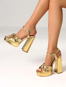 Women's Sexy Block Chunky High Heels Sandals Fashion Bow Knot Open Toe Platform Buckle Solid Party Dress  Summer Sandals Woman - 金色 - 查看 2