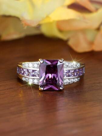 1pc Luxury 925 Silver Princess Cut Purple Crystal Ring, Birthstone Jewelry For Women Party & Everyday Wear