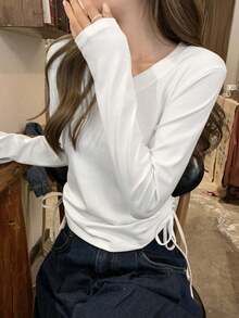 早春韩版修身抽绳圆领长袖T恤，百搭女式衬衫 - 白色 - 查看 4