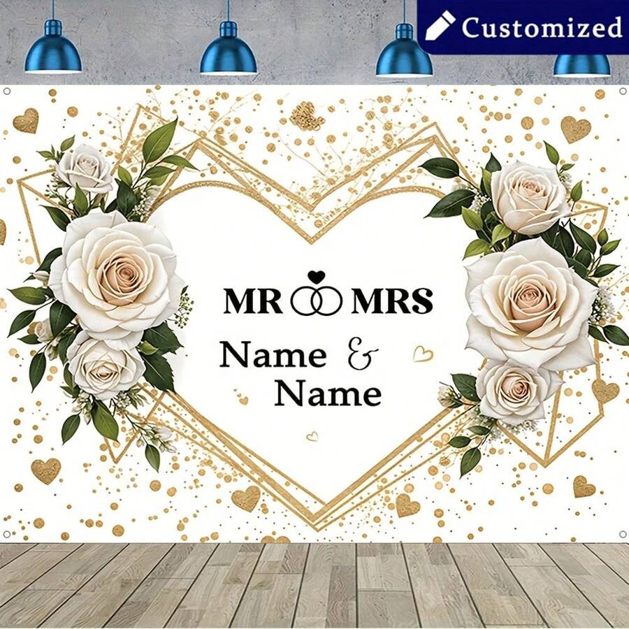 1pc Personalized Name Banner Background Cloth, Elegant White Floral Background, Golden Heart Frame Element Print, Multifunctional Party Wall Tapestry Home Decor, Wedding, Anniversary Party - Multicolor - View 1