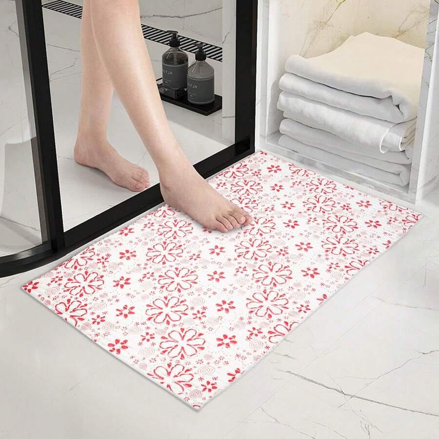 Alfombra Antideslizante de Secado Rápido, Suave | Tapete Absorbente de Baño de PVC, Lavable a Máquina, Fácil de Limpiar, Diseño Minimalista Moderno para Baño, Lavabo, Regadera, Entrada o Lavandería | Decoración de Baño Funcional y Elegante - Blanco / Rojo - Ver 1