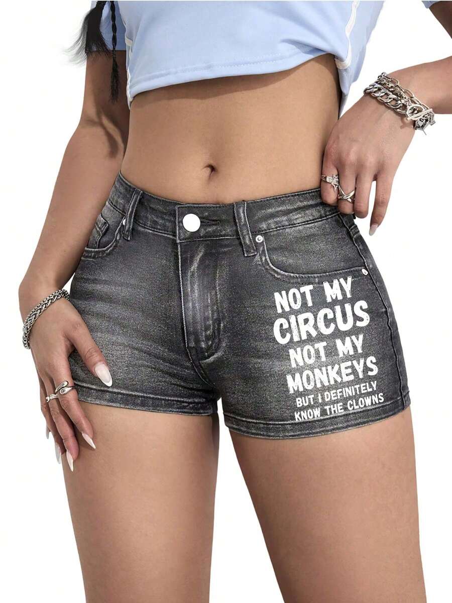 Neutral Stance On Others' Affairs 'Not My Circus, Not My Monkeys' Women Stretchy Jeans Shorts Casual Denim Shorts - màu đen - Xem 1