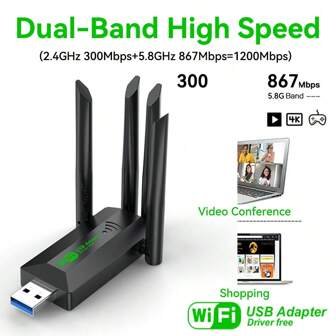 Dual-Band 2,4G 5Ghz USB 3.0 Hochgeschwindigkeits-WLAN-USB-Netzwerkkarte-Adapter, kabelloser USB 1200Mbps WLAN-Adapter mit 4 Antennen für Desktop-PC und Laptop, ohne Treiber erforderlich, starkes Signal, unterstützt Windows XP/7/8/8.1/10/11