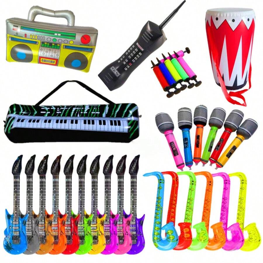 PVC逼真乐器玩具-吉他、萨克斯、麦克风、电子键盘、收音机、鼓、万圣节充气玩具 - 彩色 - 查看 1