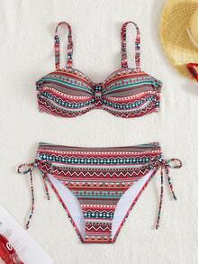 2pcs Women's Swimsuit Set, Retro Print, High-Elastic Knit Fabric, 82% Polyester + 18% Spandex, Geometric Pattern, Drawstring Design, Top 195gsm, Lining 130gsm, Summer Beach Wear Vacation - Multicolor - View 3