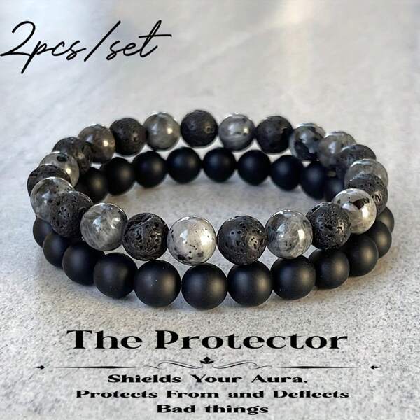 2Pcs 8mm Matte Agate Grey Moonstone Naturalistic Stone Beaded Bracelet | Men Women Daily Wear Blessing Gift