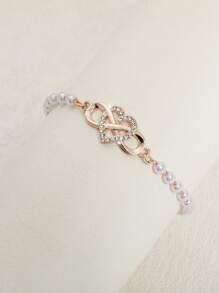 1pc Fashionable High-End Elegant Metal Heart Crystal & Faux Pearl Chain Bracelet, Suitable For Women Everyday Wear, Great Gift For Thanksgiving, Valentine's Day, Friends