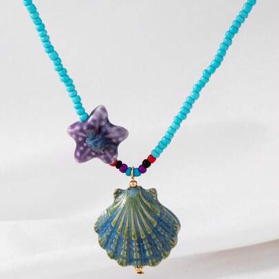 1pc Bohemian Style Beaded Ocean Theme Pendant Necklace