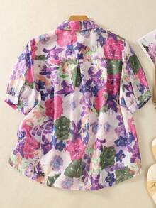 Plus Size Women's Short Sleeve Button-Down Shirt, All-Over Floral Print, Collared - Casual Daily, Festive, Travel Shirt Suitable For Spring, Summer, Autumn Evenings Pink - Pink - View 2