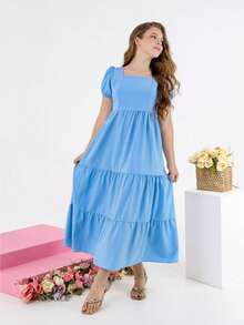 Vestido longo liso estiloso manguinha para princesas adolescentes - Azul bebê - Visão 2