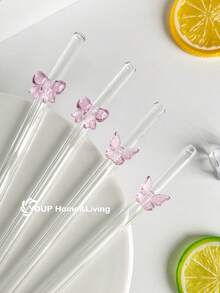 1/2/4Pcs Reusable Glass Straws With Pink Butterfly/Bow Shapes, Shatter Resistant And Heat-Resistant Glass Drinking Straws With Cleaning Brushes, For Cold Drinks, Milk Tea, Coffee, Juice, Smoothies, Kitchens, Restaurants, Cocktail Parties, Back-To-School, Girlfriends/Boyfriends, Parents, Friends, Holiday Supplies,New Year, Valentine's Day. - Pink - View 5