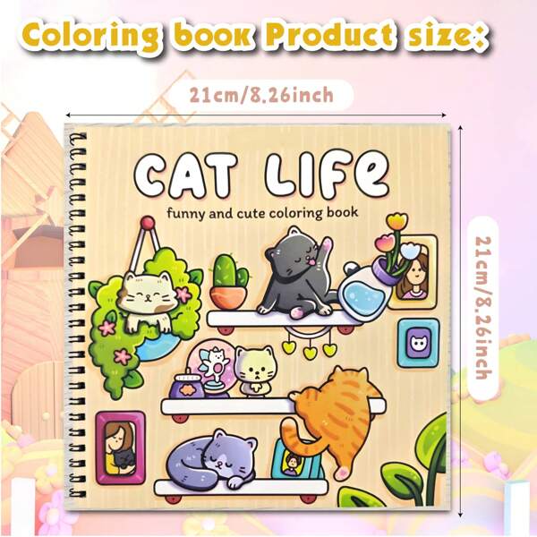 1 pièce [ VIE DE CHAT ] Livre de coloriage relié en spirale, Décoration de Noël, Jouets, Jouets anti-stress pour adultes, Jouets de puzzle pour enfants, Passionnés de chats et passionnés de peinture. Il comprend des amis chats joueurs avec des scènes de motifs appropriés et chaleureux, une interaction parent-enfant conviviale