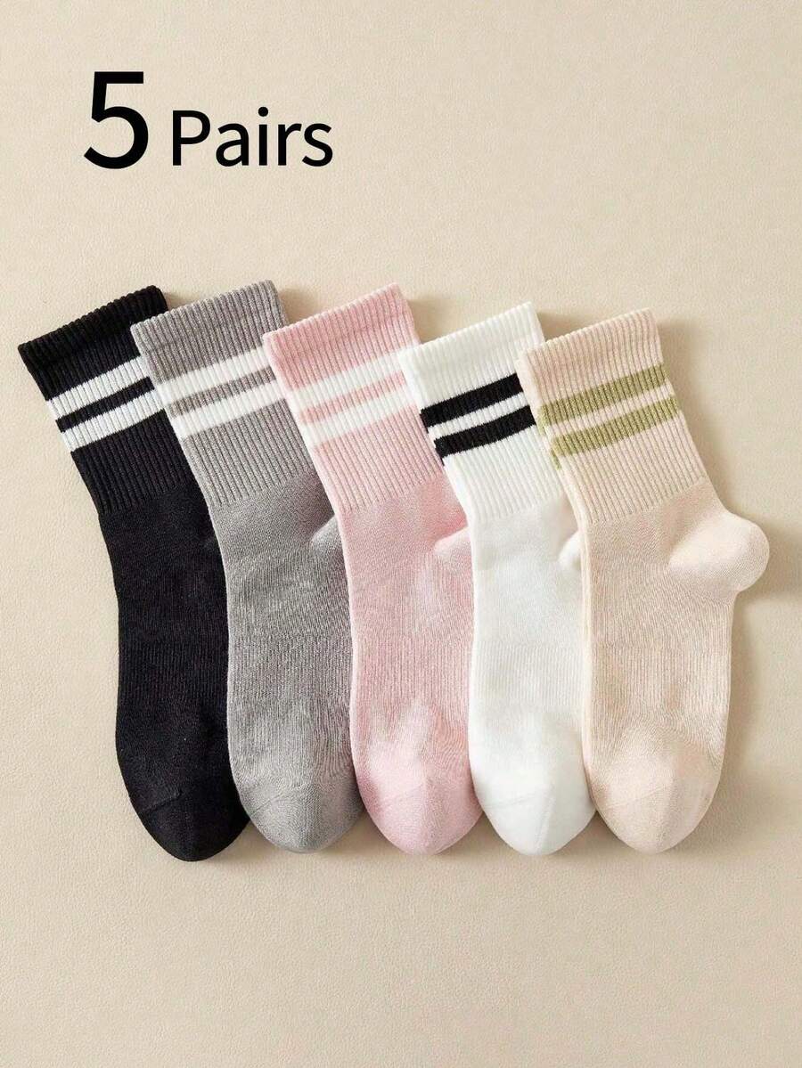 5 chiếc/1 đôi tất cổ cao sọc khối màu cho thanh thiếu niên/trẻ em lớn hơn, tất cao cổ thể thao thấm mồ hôi thoáng khí kiểu Hàn Quốc, phù hợp cho bé gái, bé trai, mẹ, bố, trang phục mùa hè, quà tặng ngày lễ, phong cách ngẫu nhiên - Nhiều màu - Xem 1