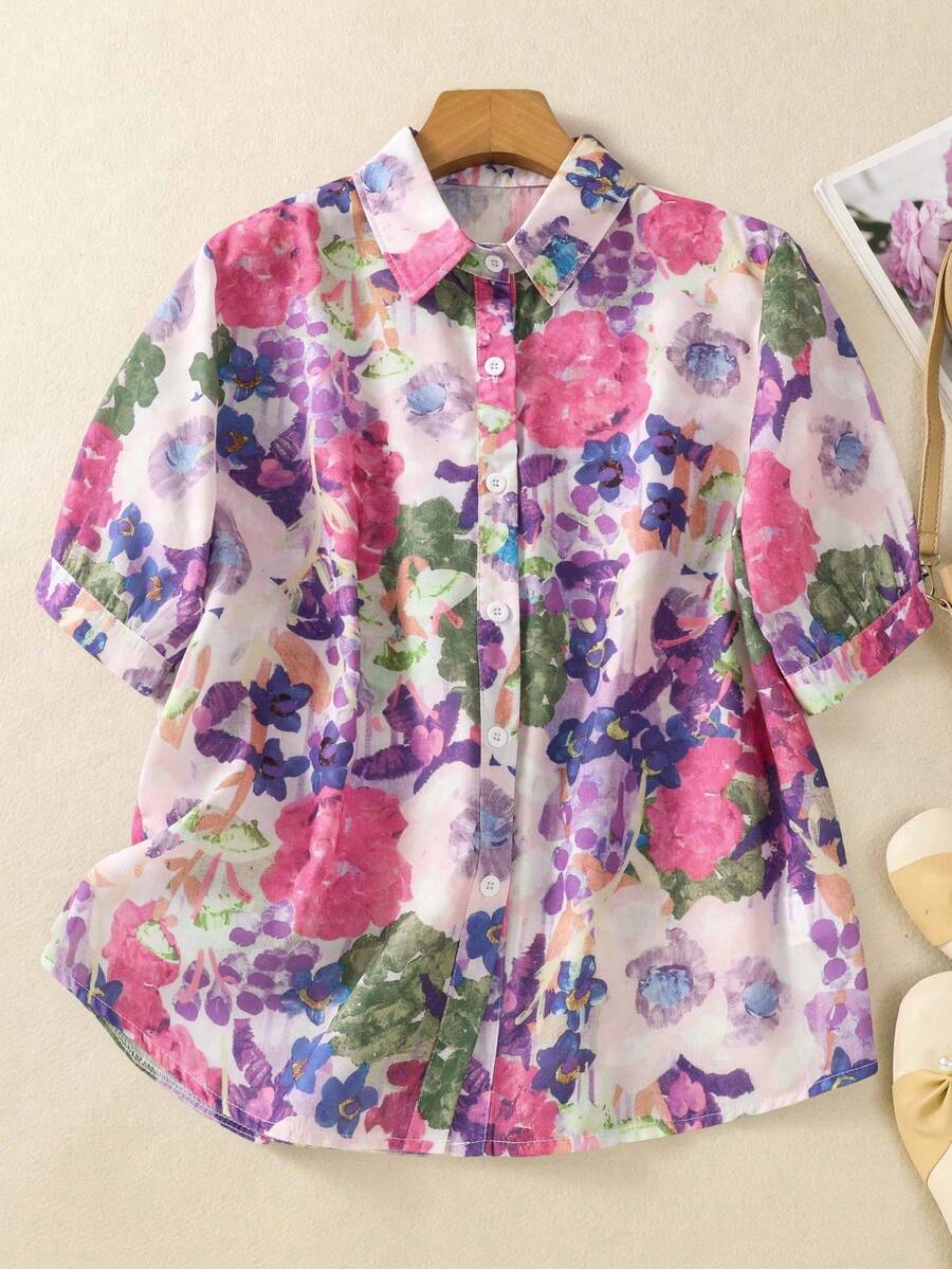 Plus Size Women's Short Sleeve Button-Down Shirt, All-Over Floral Print, Collared - Casual Daily, Festive, Travel Shirt Suitable For Spring, Summer, Autumn Evenings Pink - Pink - View 1