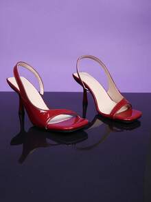 1双红色加大码时尚高跟凉鞋，适合青少年女孩，闪亮镜面PU弹力带方头细高跟优雅坡跟罗马凉鞋，适合日常休闲、派对、旅行、2025春夏款（此款尺码偏大一码） - 紅色 - 查看 6