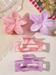 4 件装可爱花卉大理石图案发夹爪夹，用于头发造型，固定卷发发饰优雅爪夹，学校用品，大学