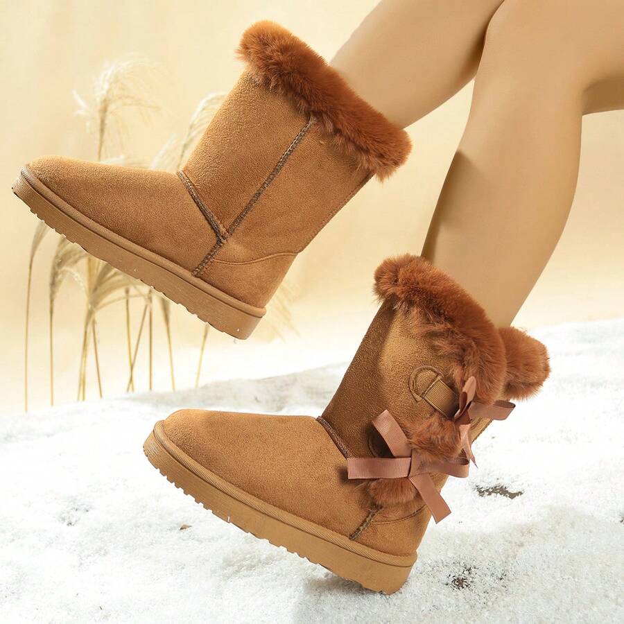 Botas de nieve de media pantorrilla con lazo elegante para mujer, botas casuales versátiles de moda con forro de piel y suela de Thick para la calidez