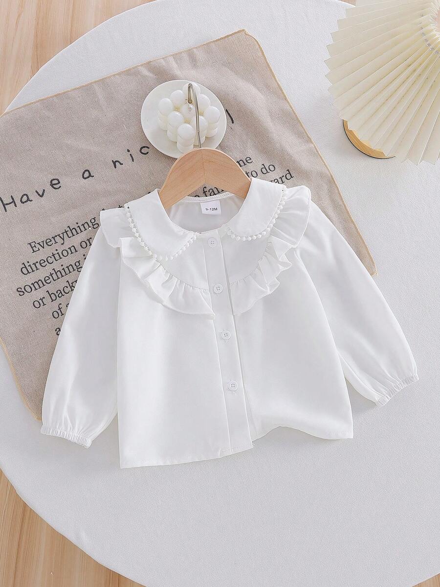 Girls Casual Solid Color Long Sleeve Collared Shirt Blouse, Elegant For Outdoor Spring/Autumn - White - View 1
