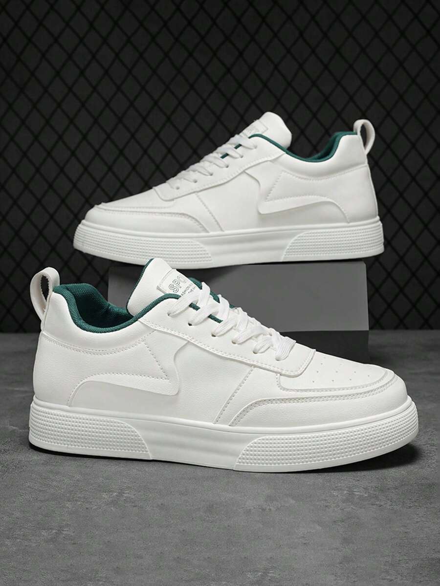 男士简约纯白拼接系带滑板鞋，夏季休闲小白鞋，时尚百搭日常通勤散步情侣运动鞋 [大一码] 2000 年代风格情人节创意