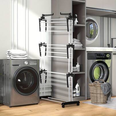 Collapsible Laundry Drying Stand, 4-Level Metal Racks-Drying Garments With 2 Side Extensions And 4 Wheels, Suitable Indoor And Outdoor Use, Black Color, Drying Racks