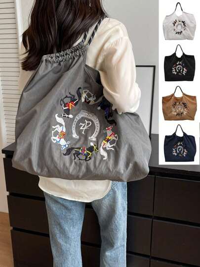 Embroidered Retro Bucket Bag For Women, New Niche Versatile Commuter Shoulder Bag, 6 Horses, Horse Shoe, Star Women, Ladies, Lover-Travel, Work & Office, Prom, Party, Weekend And Holiday, Travel Holiday Essentials, Embroidered Tote Bag, Shoulder Bag, Embroidered Horse, White Horse, Black Horse
