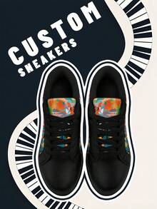 [Music Festival Theme]Men's Custom Name Lightweight Low-Top Sneakers, PU Leather Panel Shoes, Piano Keyboard Print, Unisex All-Season Casual Wear - Multicolor - View 3