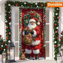 2D Door Valance, 2D Flat Valance, 1Set Of Christmas Curtain - Polyester Santa Claus Delivering Gift Decoration, Energetic Holiday Entrance Decor Valance, Multipurpose Hanging New Year Winter Party Supplies