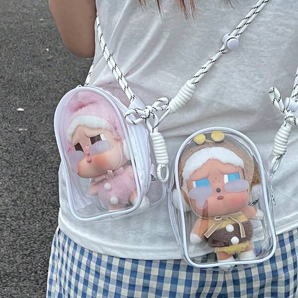 Transparent Dust Cover Storage Bag For Labubu Generation 1/2 Figurine, Cute Character Design, With Hanging Strap, Valentine's Day/Christmas Gift (Figurine Not Included)