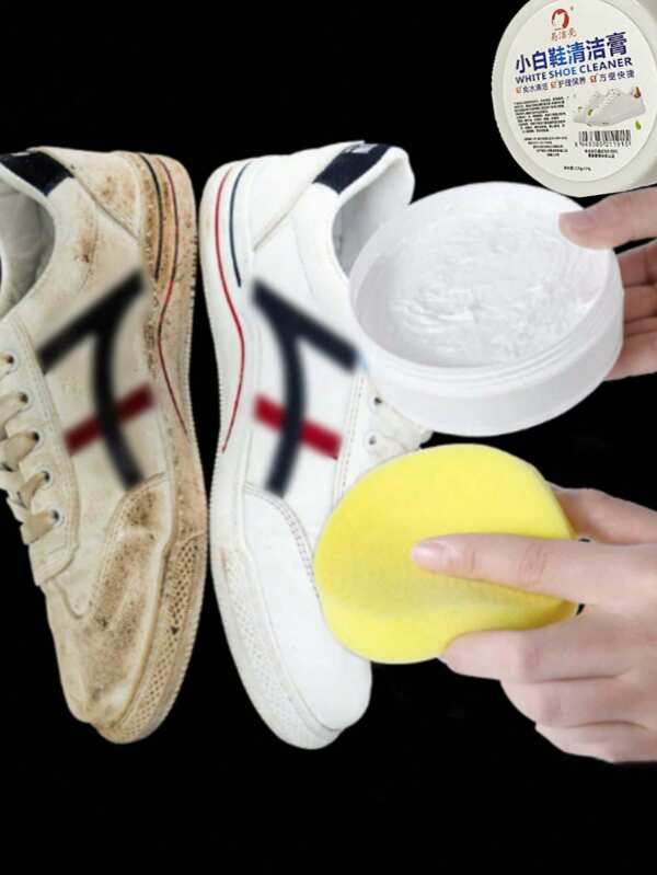 1pc White Shoe Cleaning Cream + Sponge. A Powerful Shoe Cleaning Cream For Removing Dirt And Yellowing And Whitening. Sports Shoes And Sneakers Stain Remover, No-Rinse White Shoes Care And Maintenance