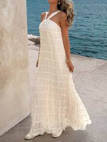 Doriss 精致吊带雪纺刺绣褶皱纹理长裙，波西米亚复古风，适合单身派对、返校季、假日装扮、派对礼服、舞会礼服，做工精湛，夏季女装，复活节、锐舞音乐节、演唱会女装、早午餐女装、婚礼宾客礼服，波西米亚风 - 杏色 - 查看 2