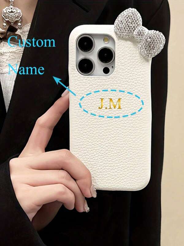 [Customized]Personalized Phone Case Compatible With IPhone 16 15 14 13 12 11 Pro Max Customized Name Initials Letters DIY Luxury INS Korea Glitter Bling Bowknot Litchi Pattern Protective Cover