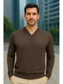 JEWELRY KNITS Men's Cold Weather Blouse | Men's Knitted Sweater | Winter Knitted Wool Pullover Long Sleeve V-Neck - Rust Brown - View 5