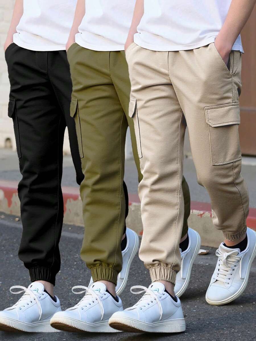 3 Stück Jungen Cargo Hosen in Unifarben mit großen Taschen, modische Freizeithosen geeignet für alle Jahreszeiten