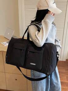 新款多功能大容量旅行包，适合通勤，牛纹，斑马纹，字母，豹纹，男女通用，学生，时尚休闲包，情侣旅行包，情人节礼物，防水材质，旅行背包，夏季，随身行李包，过夜包，行李袋，干湿分离，带鞋隔层，易折叠，可扩展，多用途，拉链开合，商务旅行，旅游度假，背包，返校，行李袋 - 黑色 - 查看 9