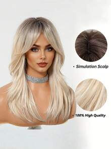 Ombre Blonde Layered Straight Wigs Dark Roots With Bangs Shoulder Synthetic Fashion Style Lightweight Beginner Friendly Wigs For Woman Daily, Party, Valentine'S Day, Carnivals, Music Festival And Cosplay Used - 漸層 - 查看 4
