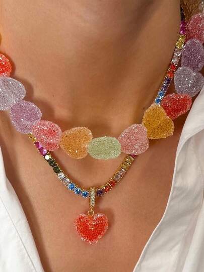 Colorful Candy Necklace, Colorful Heart-Shaped Resin Necklace, New Cute Candy Theme Jewelry, Fruit Candy Beaded Necklace