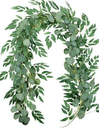 1pc Artificial Green Leaf Vine, 100cm Green Plant Leaf Garland With Eucalyptus And Willow Leaves Decoration For Wedding, Party, Home Decor, Fake Plants, Autumn Decoration, Room, Desk, Garden Decoration, Room Decoration Supplies