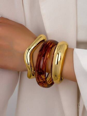 3 Pcs Women Resin Cuff Bangles Set , Brown Color Acrylic Bangle Bracelet , Simple Design Daily Wear Cuff Bracelets Jewelry