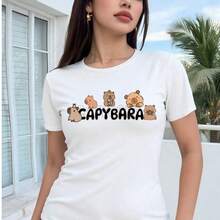 CHOPIS Camiseta Dama cuello redondo manga corta playera mujer blusa gráfica moda chopis suave casual diseño de MUCHOS CAPIBARA - Blanco - Ver 1
