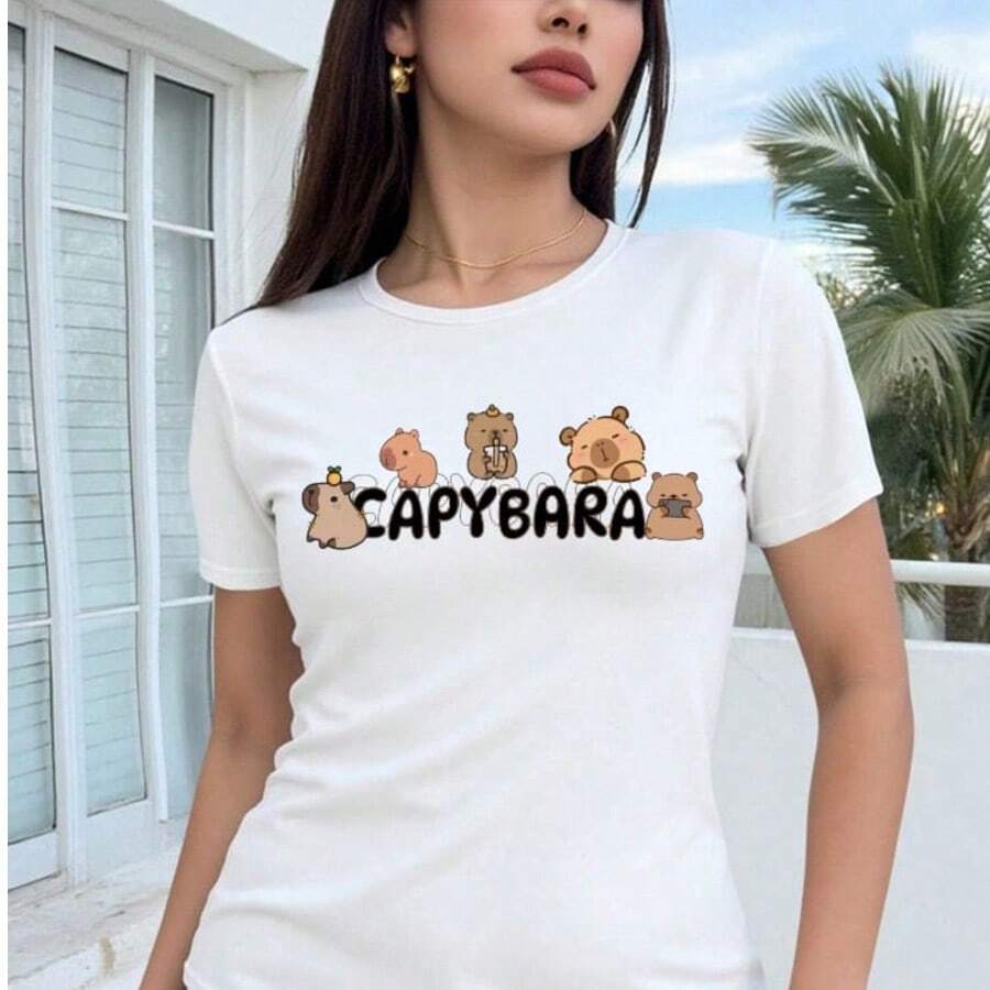 CHOPIS Camiseta Dama cuello redondo manga corta playera mujer blusa gráfica moda chopis suave casual diseño de MUCHOS CAPIBARA - Blanco - Ver 1