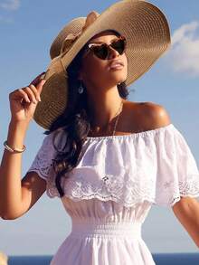 Sombrero de ala ancha para mujeres Sombrero de paja cómodo y elegante con lazo sombrero de playa de verano proteccion solar moda - Caqui - Ver 4