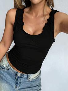 Vaiaye Women's Solid Color Frill Trim V-Neck Cropped Form-Fitting Camisole Suitable For Back To School,Sport And Daily - Black - View 2