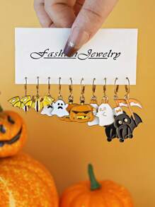 10件/30件万圣节系列新款暗黑风格卡通锌合金珐琅南瓜、蝙蝠、鬼魂、死神、黑猫耳环套装，万圣节首饰礼物 - 彩色 - 查看 14