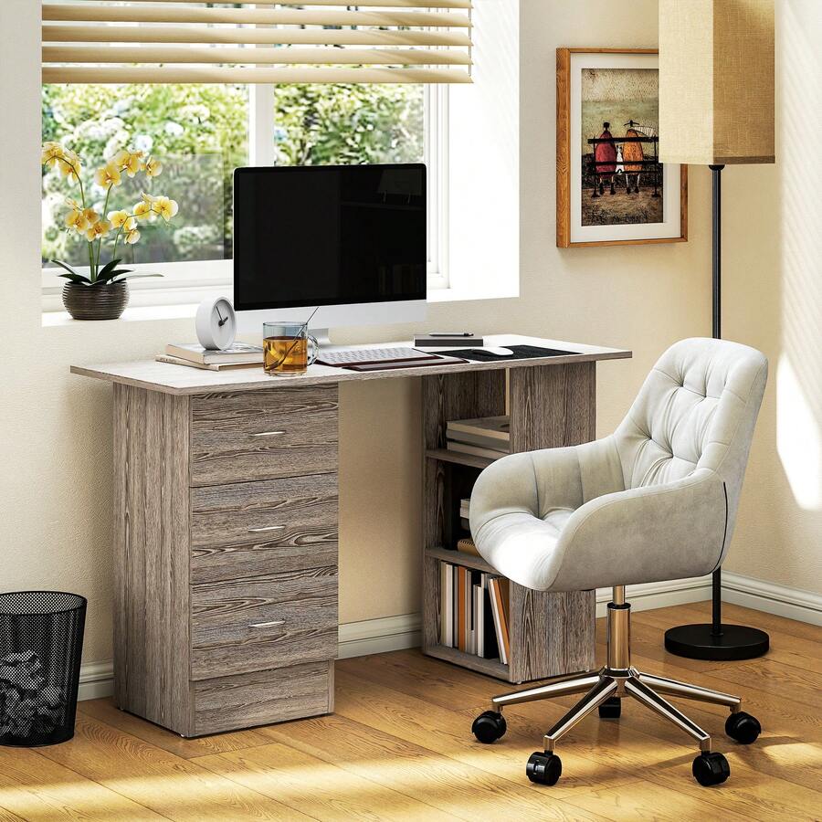 HOMCOM 120cm Computer Desk, Writing Table, PC Workstation With 3 Storage Shelves And Drawers