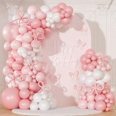 148pcs Pink & White Balloon Arch Kit, Includes Bow Balloons, Suitable For Birthday, Valentine's Day, Mother's Day, Engagement, Bridal Shower, Wedding, Anniversary, Graduation, Holiday, Birthday Party Decoration